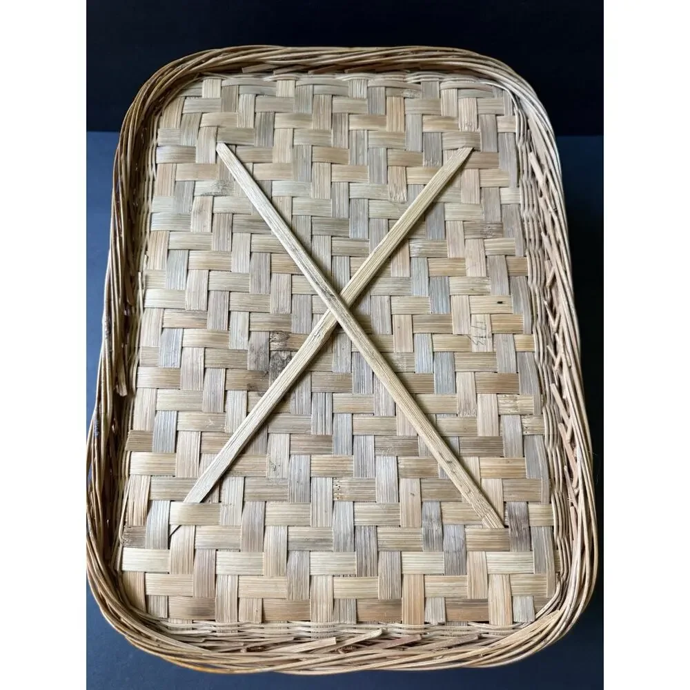 Vintage Bamboo Covered Basket Hinged Top Sewing Picnic Storage Woven Two Handle